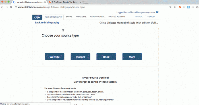 Moving Image of Cite This For Me page